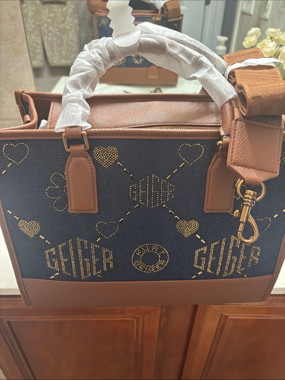 Kurt Geiger Navy Denim-Style Satchel with Tan Trim and Gold Studs
